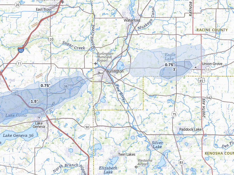 NEXRAD radar-signature map of the hail storm over Burlington, WI on Jul 3, 2026