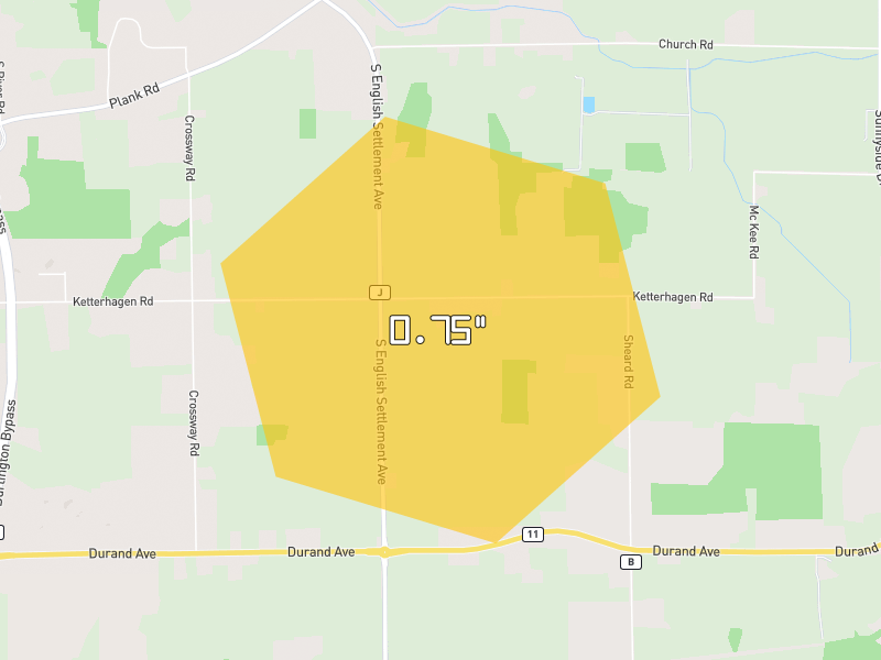 Hail map of Burlington, WI on Jul 3, 2026, hail up to 0.75"