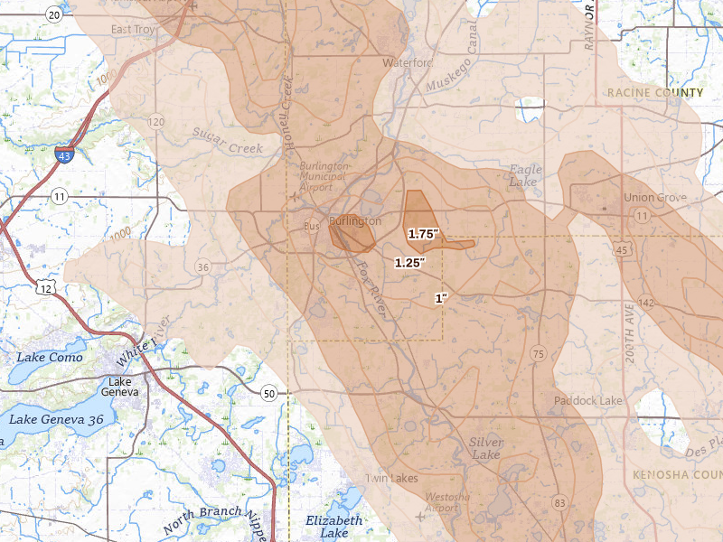 Radar-estimated hail-size map of the storm over Burlington, WI on Jul 27, 2026