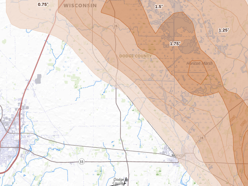 Radar-estimated hail-size map of the storm over Burnett, WI on Sep 3, 2026
