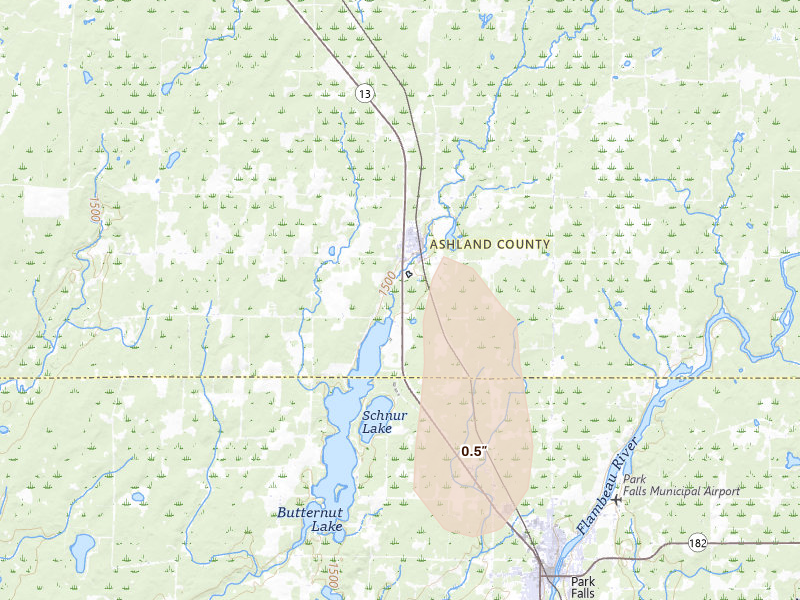Radar-estimated hail-size map of the storm over Butternut, WI on Jun 9, 2026