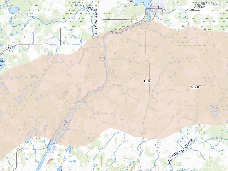 Radar-estimated hail-size map of the storm over Cadott, WI on Jun 9, 2026