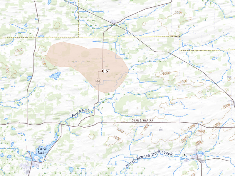 Radar-estimated hail-size map of the storm over Cambria, WI on Jul 8, 2026