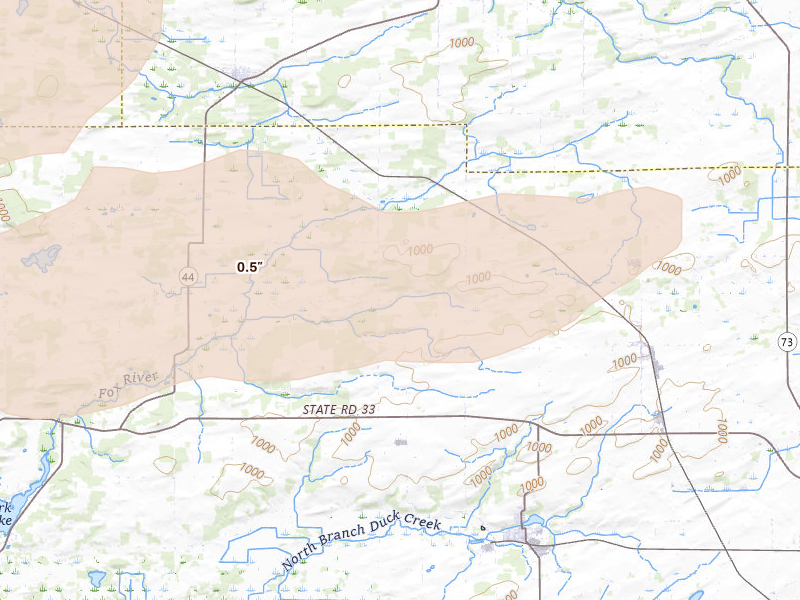 Radar-estimated hail-size map of the storm over Cambria, WI on Aug 9, 2026