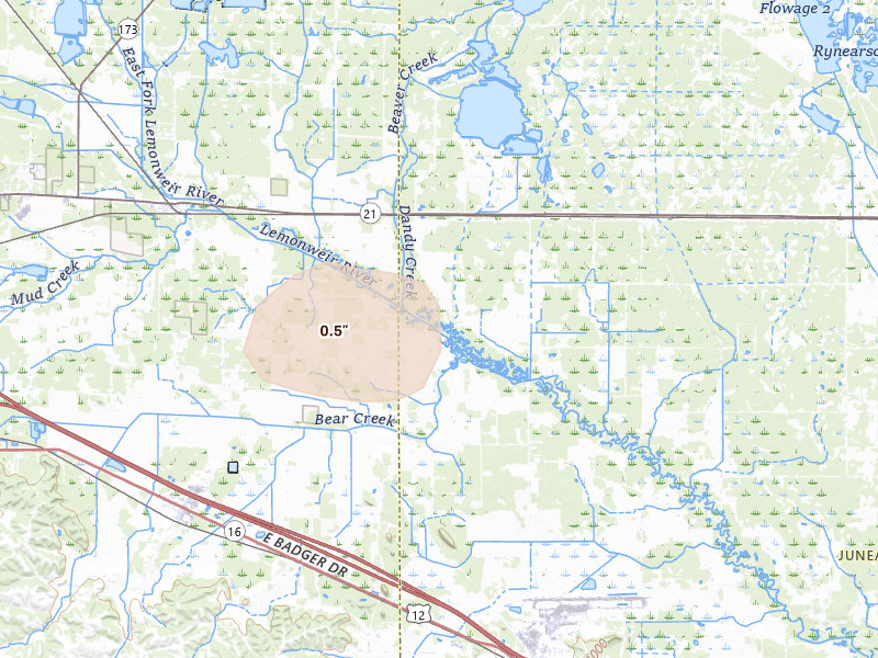 Radar-estimated hail-size map of the storm over Camp Douglas, WI on Jun 10, 2026