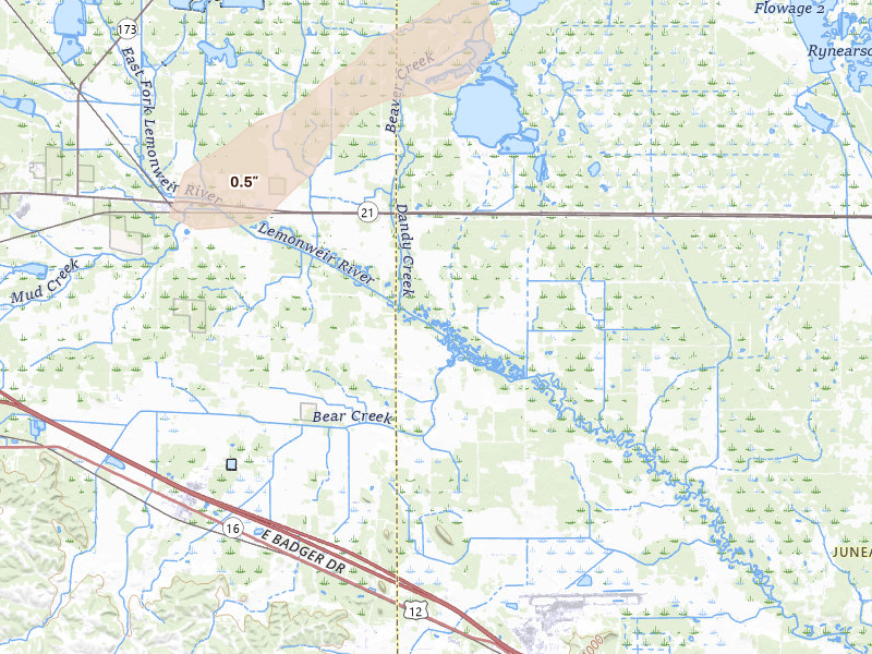Radar-estimated hail-size map of the storm over Camp Douglas, WI on Jun 30, 2026