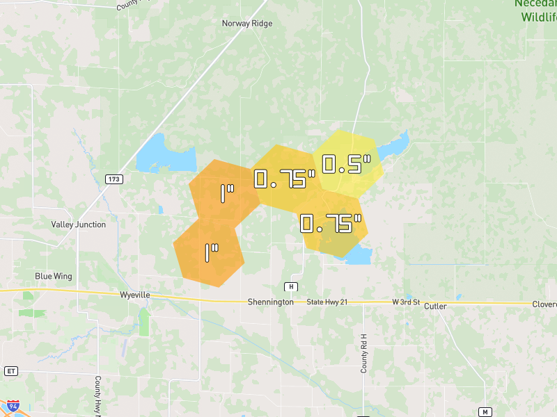 Hail map of Camp Douglas, WI on Jun 30, 2026, hail up to 1"