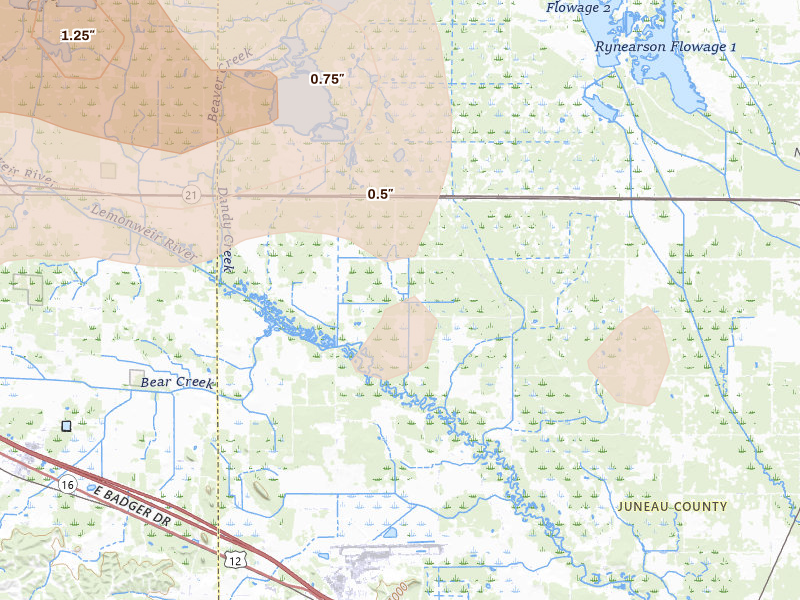 Radar-estimated hail-size map of the storm over Camp Douglas, WI on Aug 9, 2026