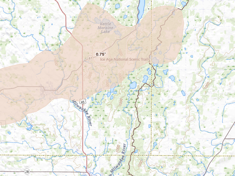 Radar-estimated hail-size map of the storm over Campbellsport, WI on May 15, 2026