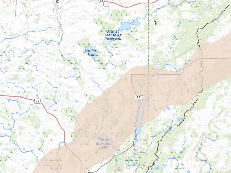 Radar-estimated hail-size map of the storm over Campbellsport, WI on May 17, 2026