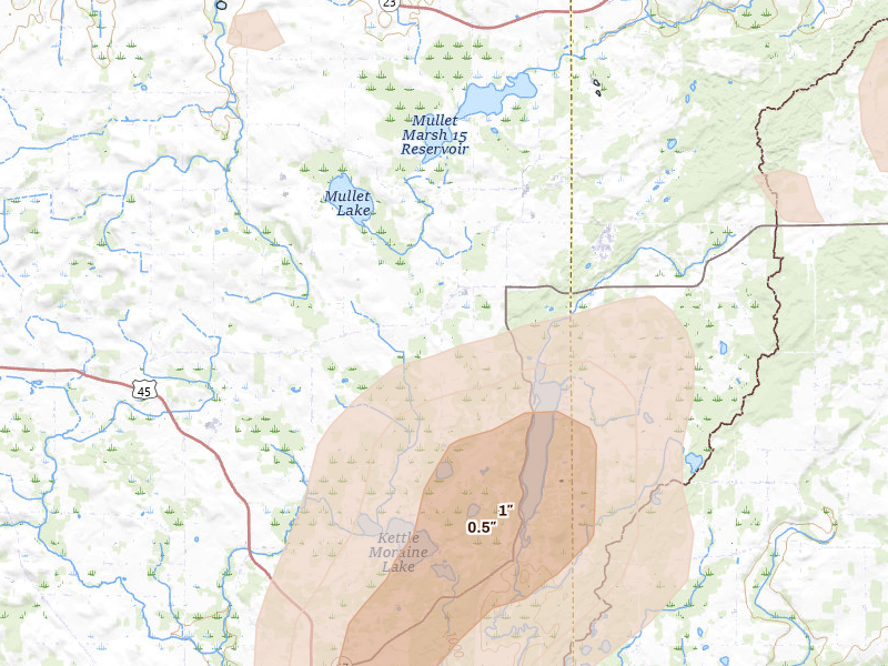 Radar-estimated hail-size map of the storm over Campbellsport, WI on Jun 16, 2026
