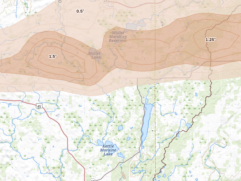 Radar-estimated hail-size map of the storm over Campbellsport, WI on Jul 1, 2026