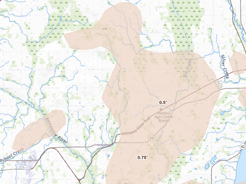Radar-estimated hail-size map of the storm over Casco, WI on Jul 1, 2026