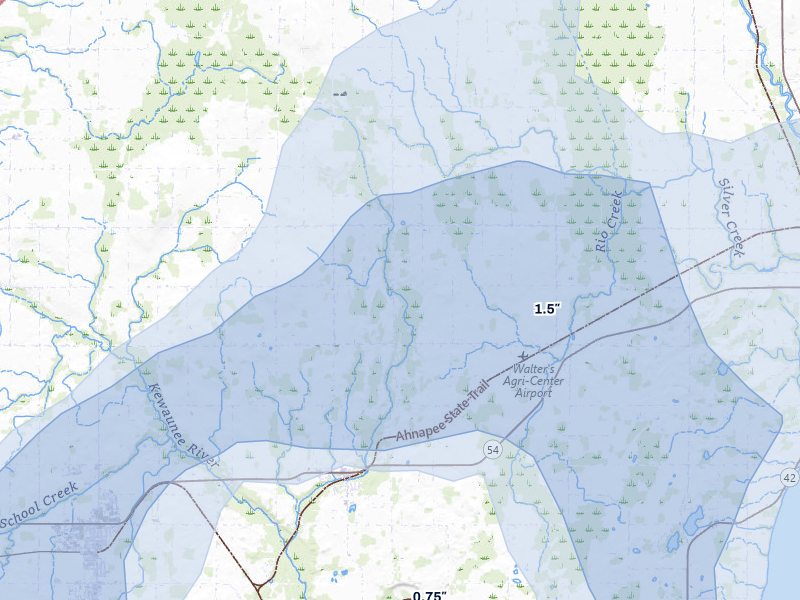 NEXRAD radar-signature map of the hail storm over Casco, WI on Jul 1, 2026