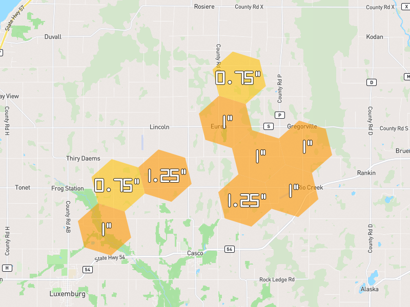 Hail map of Casco, WI on Jul 1, 2026, hail up to 1.25"
