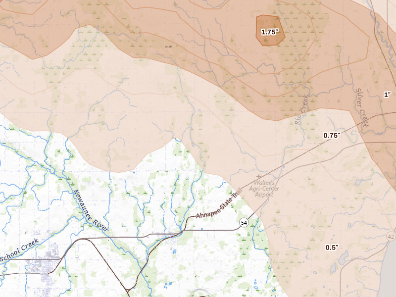 Radar-estimated hail-size map of the storm over Casco, WI on Jul 27, 2026