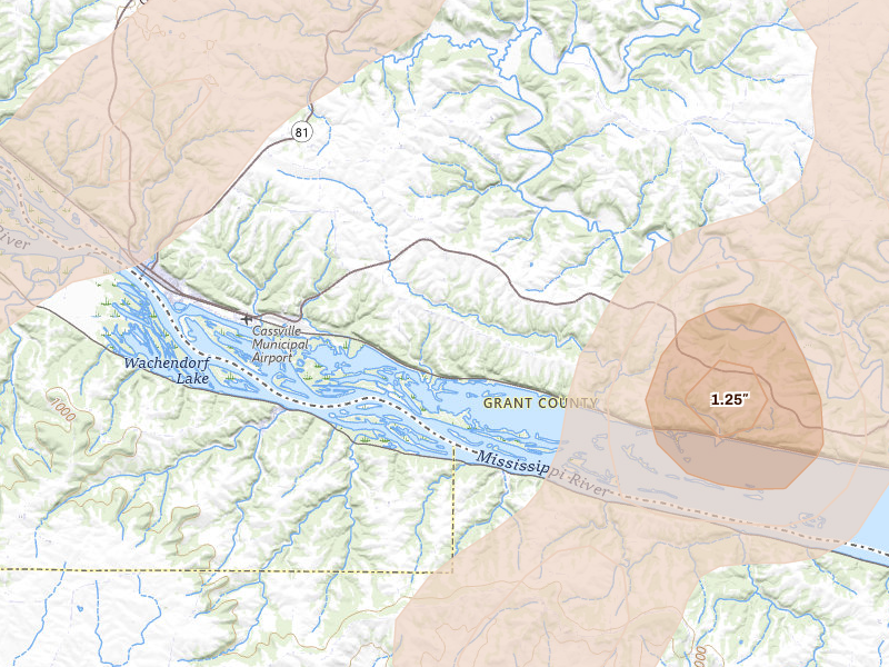 Radar-estimated hail-size map of the storm over Cassville, WI on Apr 17, 2026
