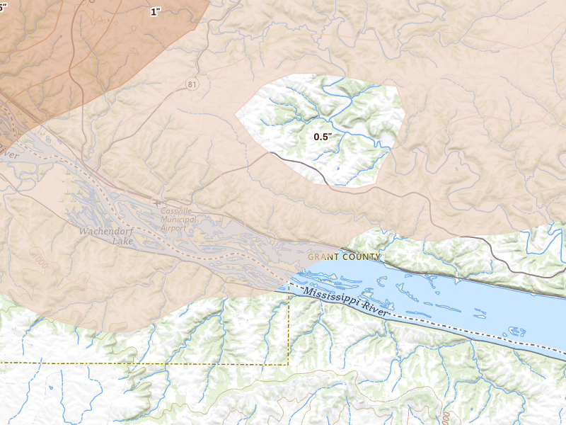 Radar-estimated hail-size map of the storm over Cassville, WI on Jul 2, 2026