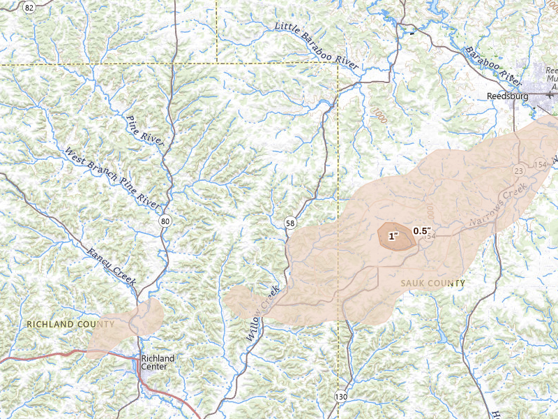 Radar-estimated hail-size map of the storm over Cazenovia, WI on Apr 13, 2026