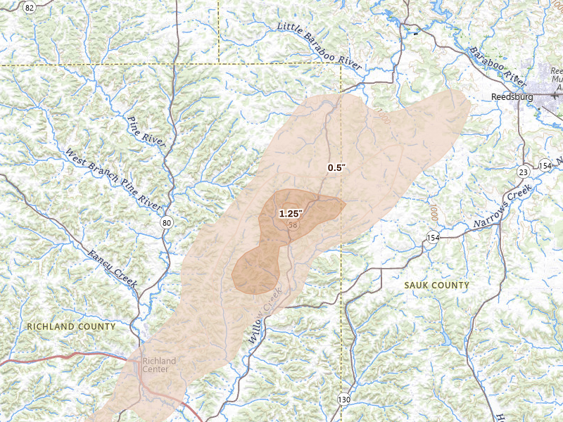 Radar-estimated hail-size map of the storm over Cazenovia, WI on Apr 17, 2026