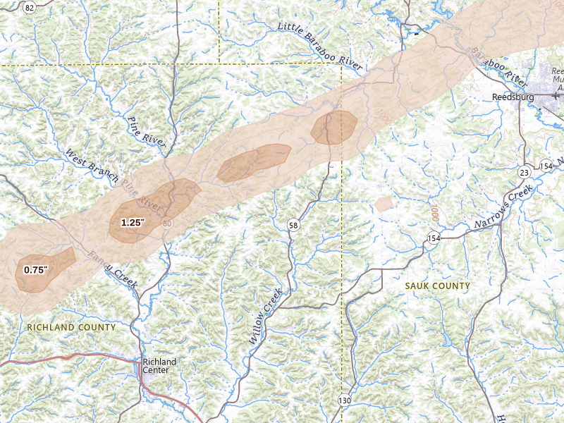 Radar-estimated hail-size map of the storm over Cazenovia, WI on Jul 1, 2026
