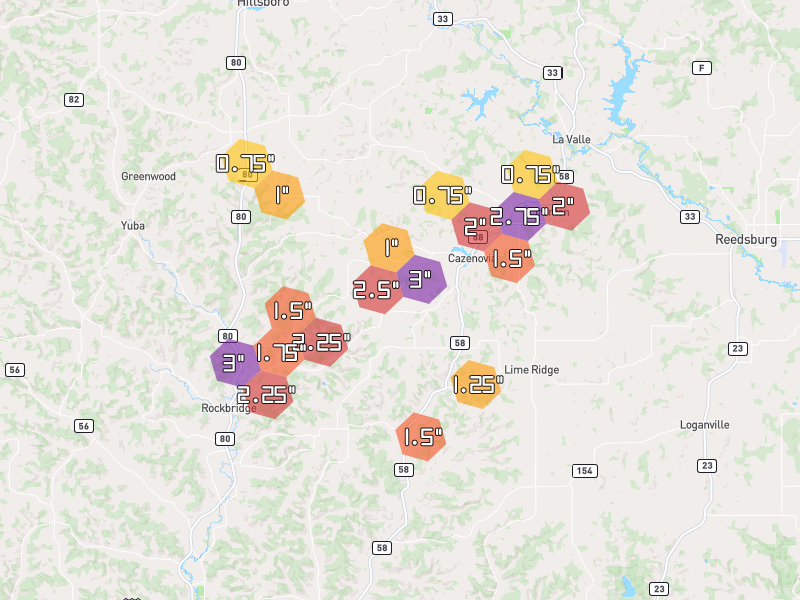 Hail map of Cazenovia, WI on Jul 1, 2026, hail up to 3"