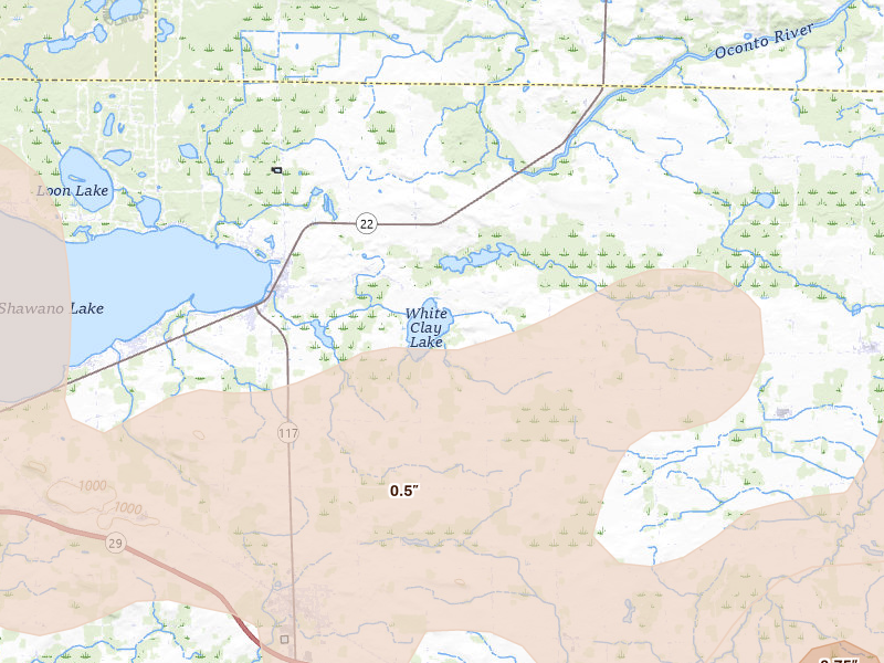 Radar-estimated hail-size map of the storm over Cecil, WI on Jun 30, 2026