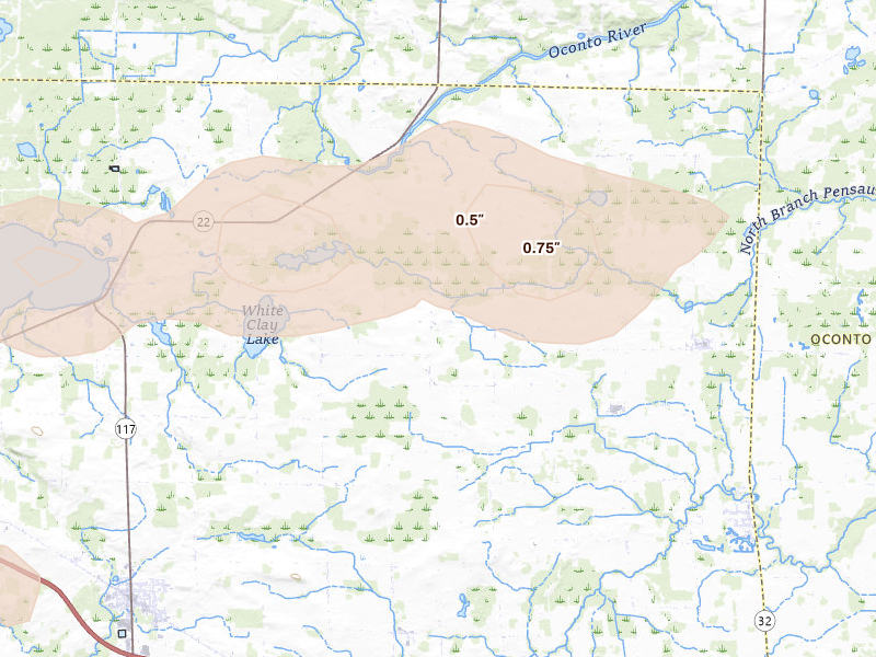 Radar-estimated hail-size map of the storm over Cecil, WI on Sep 3, 2026
