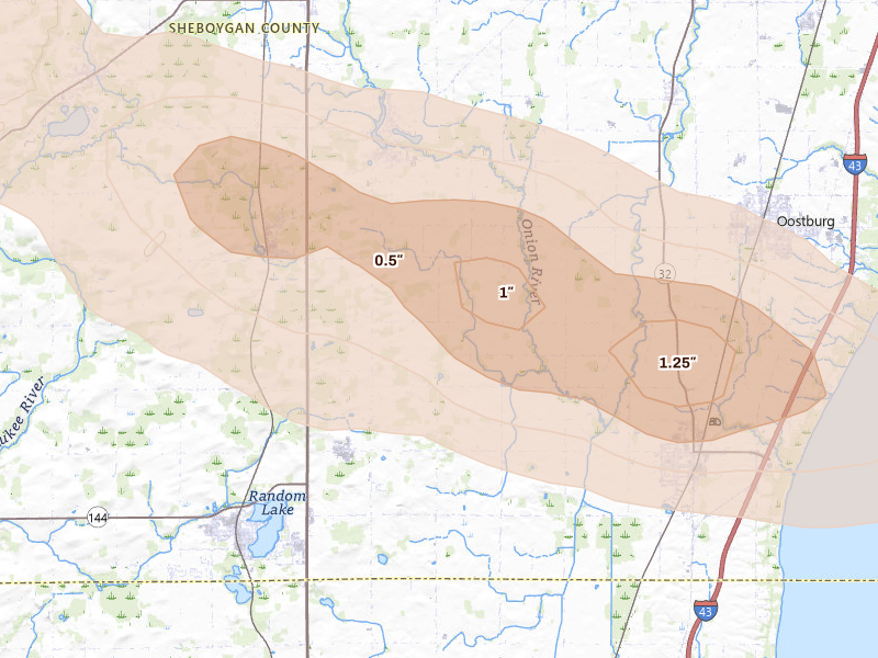 Radar-estimated hail-size map of the storm over Cedar Grove, WI