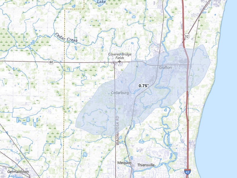 NEXRAD radar-signature map of the hail storm over Cedarburg, WI on May 15, 2026