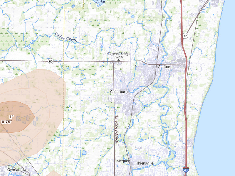 Radar-estimated hail-size map of the storm over Cedarburg, WI on Jul 2, 2026