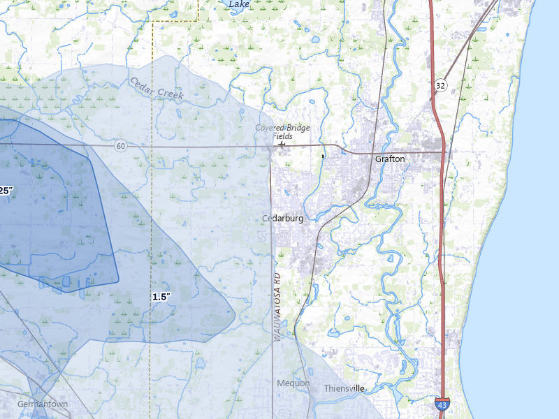 NEXRAD radar-signature map of the hail over Cedarburg, WI