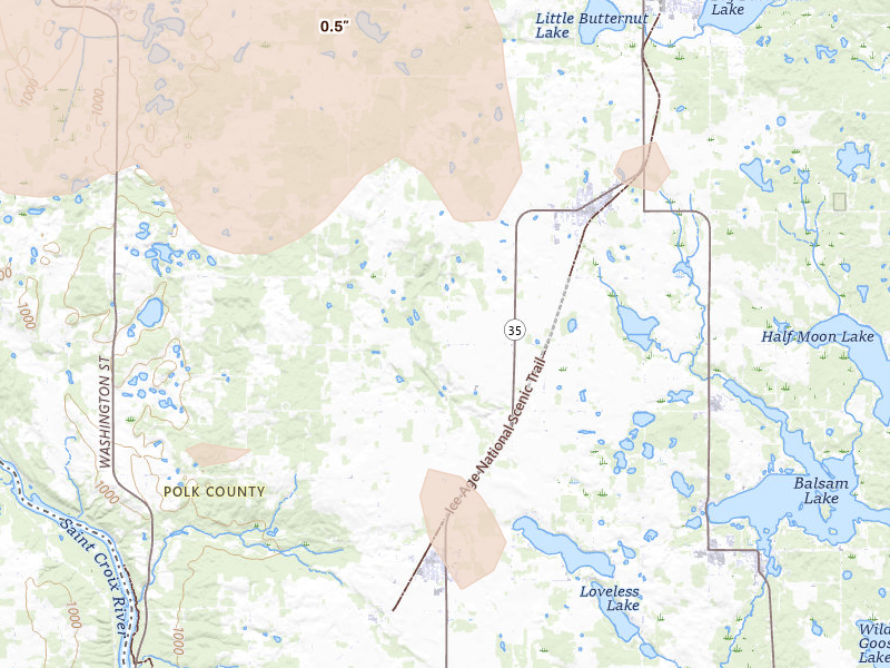 Radar-estimated hail-size map of the storm over Centuria, WI on Jun 19, 2026