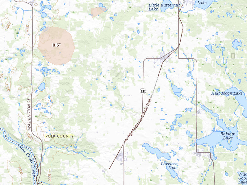 Radar-estimated hail-size map of the storm over Centuria, WI on Jul 4, 2026