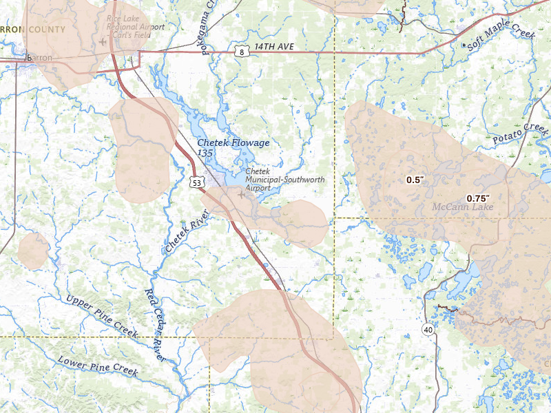 Radar-estimated hail-size map of the storm over Chetek, WI on Jul 17, 2026