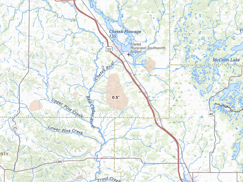 Radar-estimated hail-size map of the storm over Chetek, WI on Aug 3, 2026