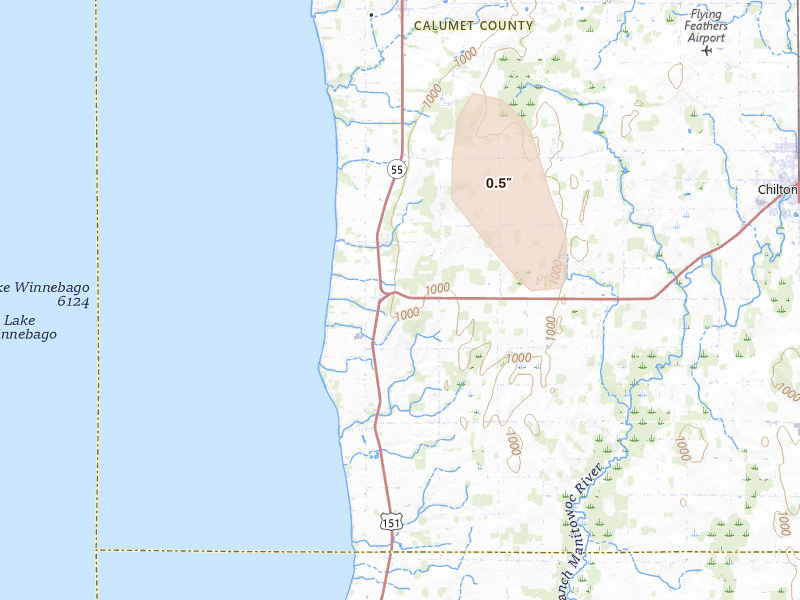Radar-estimated hail-size map of the storm over Chilton, WI on Aug 22, 2026