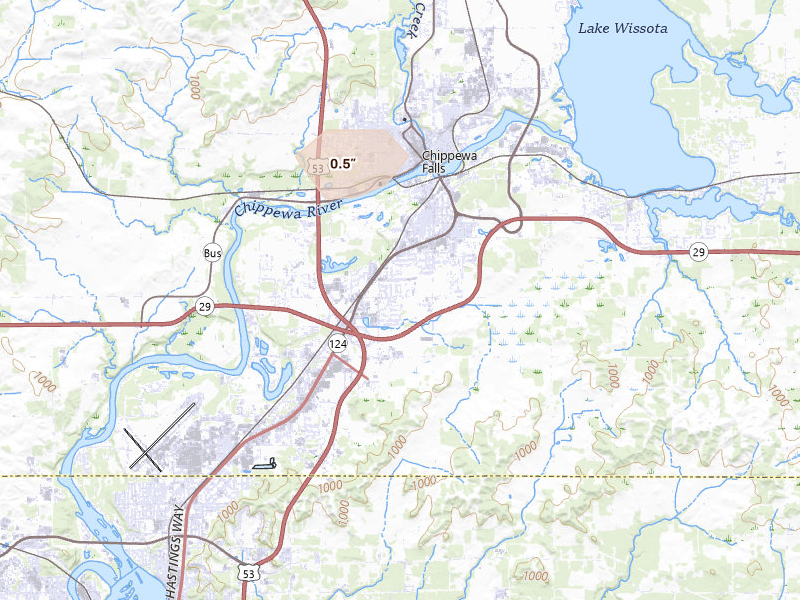 Radar-estimated hail-size map of the storm over Chippewa Falls, WI on Jul 16, 2026