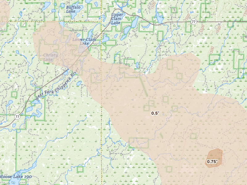 Radar-estimated hail-size map of the storm over Clam Lake, WI on Jul 17, 2026