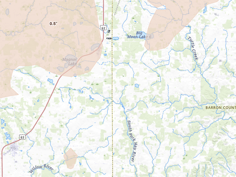 Radar-estimated hail-size map of the storm over Clayton, WI on Apr 17, 2026