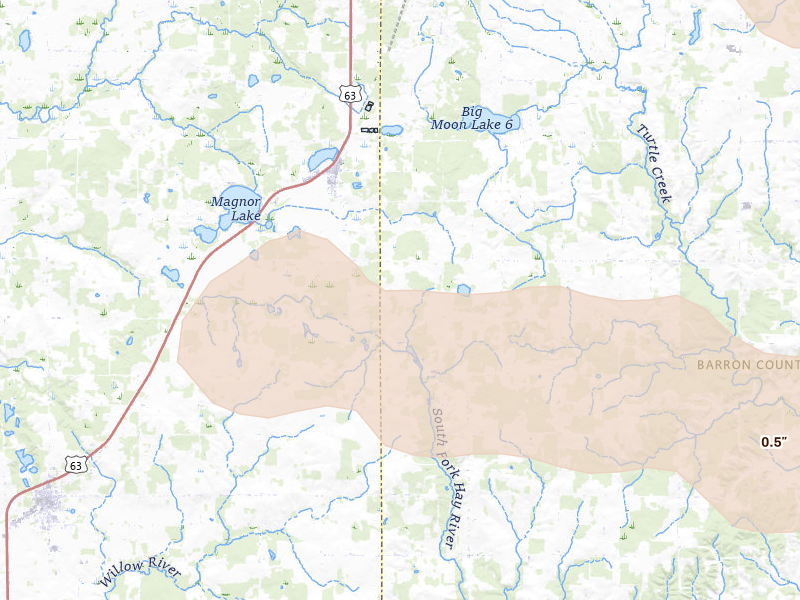Radar-estimated hail-size map of the storm over Clayton, WI on Jul 17, 2026