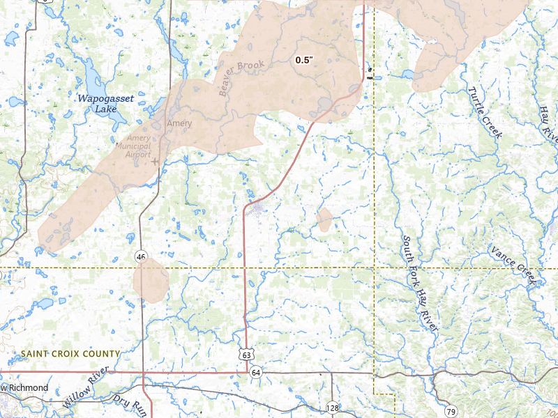 Radar-estimated hail-size map of the storm over Clear Lake, WI on Apr 17, 2026