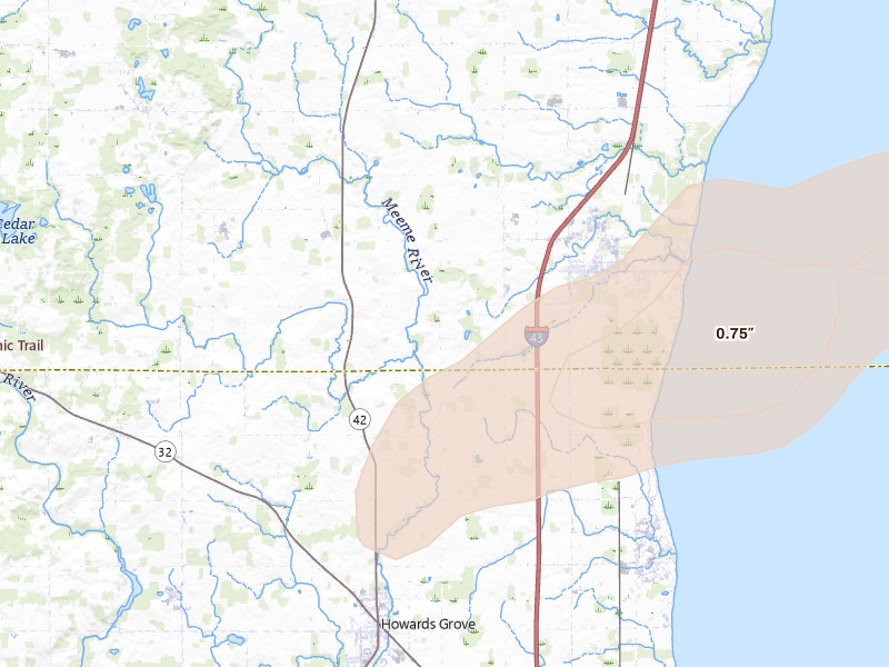Radar-estimated hail-size map of the storm over Cleveland, WI on Jul 1, 2026