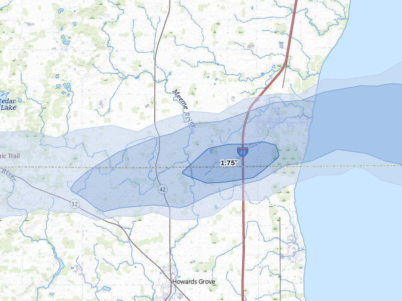 NEXRAD radar-signature map of the hail storm over Cleveland, WI on Jul 1, 2026