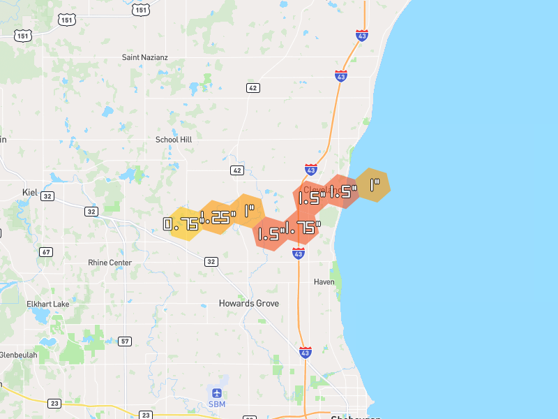Hail map of Cleveland, WI on Jul 1, 2026, hail up to 1.75"