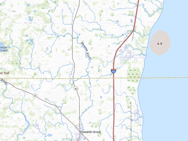Radar-estimated hail-size map of the storm over Cleveland, WI on Jul 8, 2026