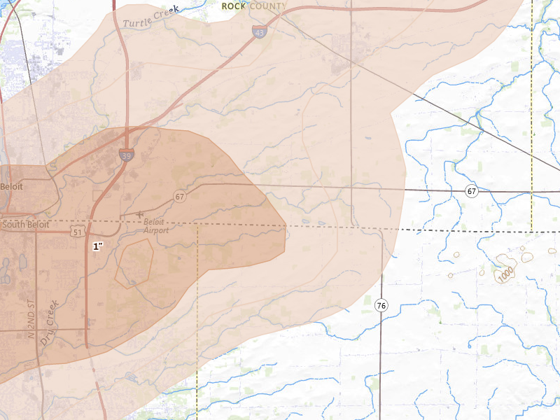 Radar-estimated hail-size map of the storm over Clinton, WI on Apr 17, 2026
