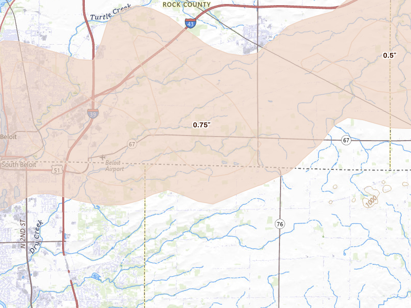 Radar-estimated hail-size map of the storm over Clinton, WI on Jul 3, 2026