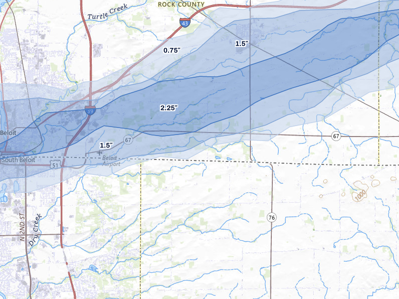 NEXRAD radar-signature map of the hail storm over Clinton, WI on Jul 3, 2026