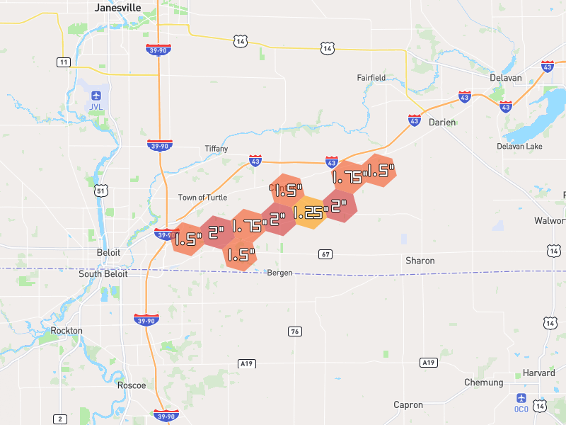 Hail map of Clinton, WI on Jul 3, 2026, hail up to 2"